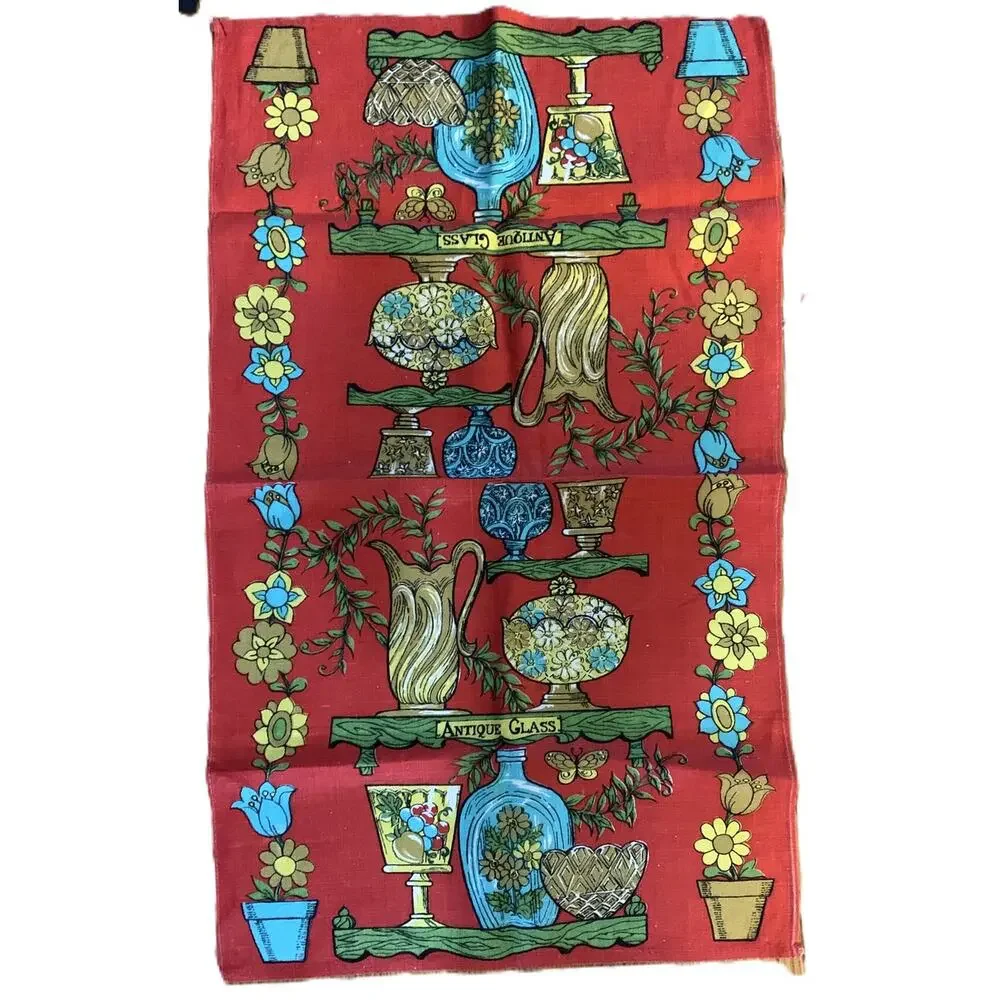 Vintage 50s 60s Kitchen Tea Towel with Antique Glass Designs NEW Unused